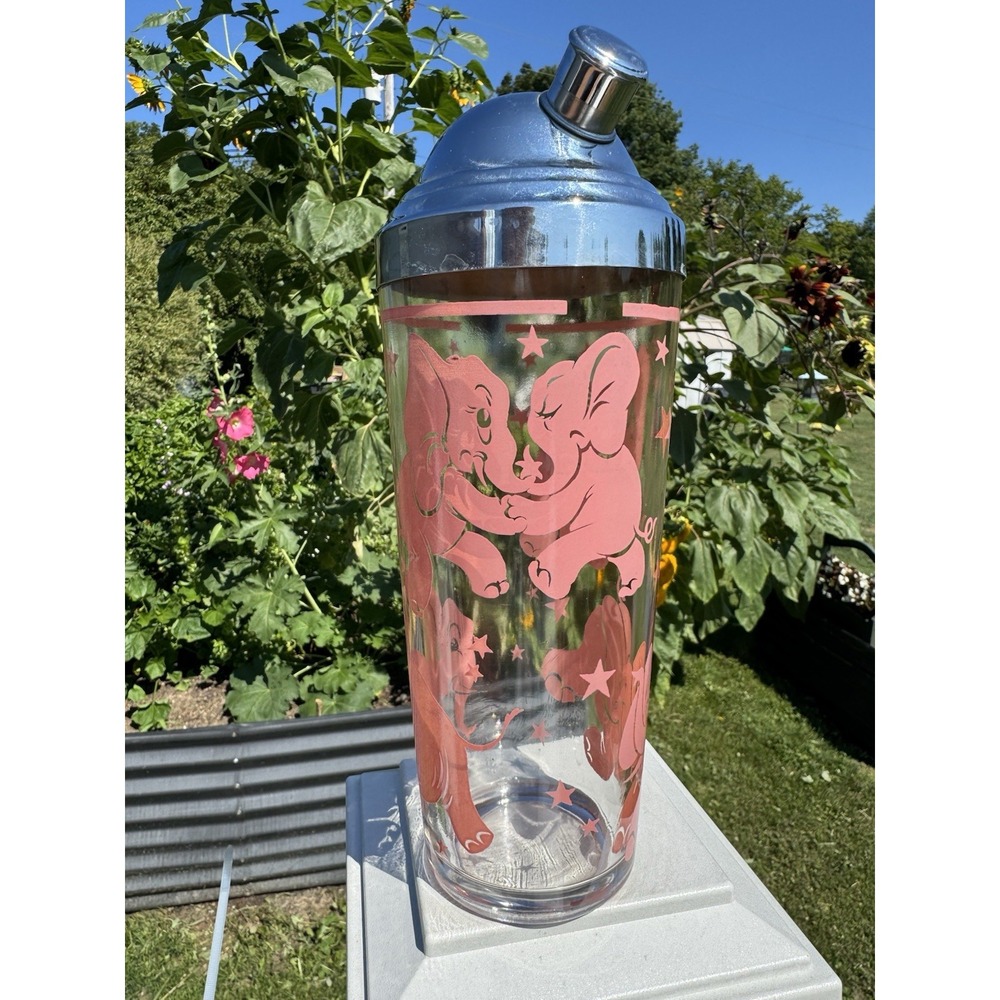 MCM Bar Cocktail shaker Pink dancing elephants Hazel Atlas Chrome Lid Spout EUC!